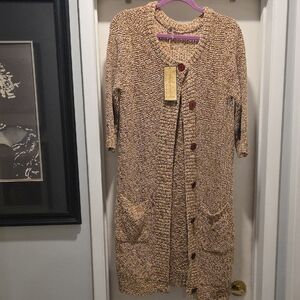 One Girl Who Tan Knit Cardigan with Red Buttons